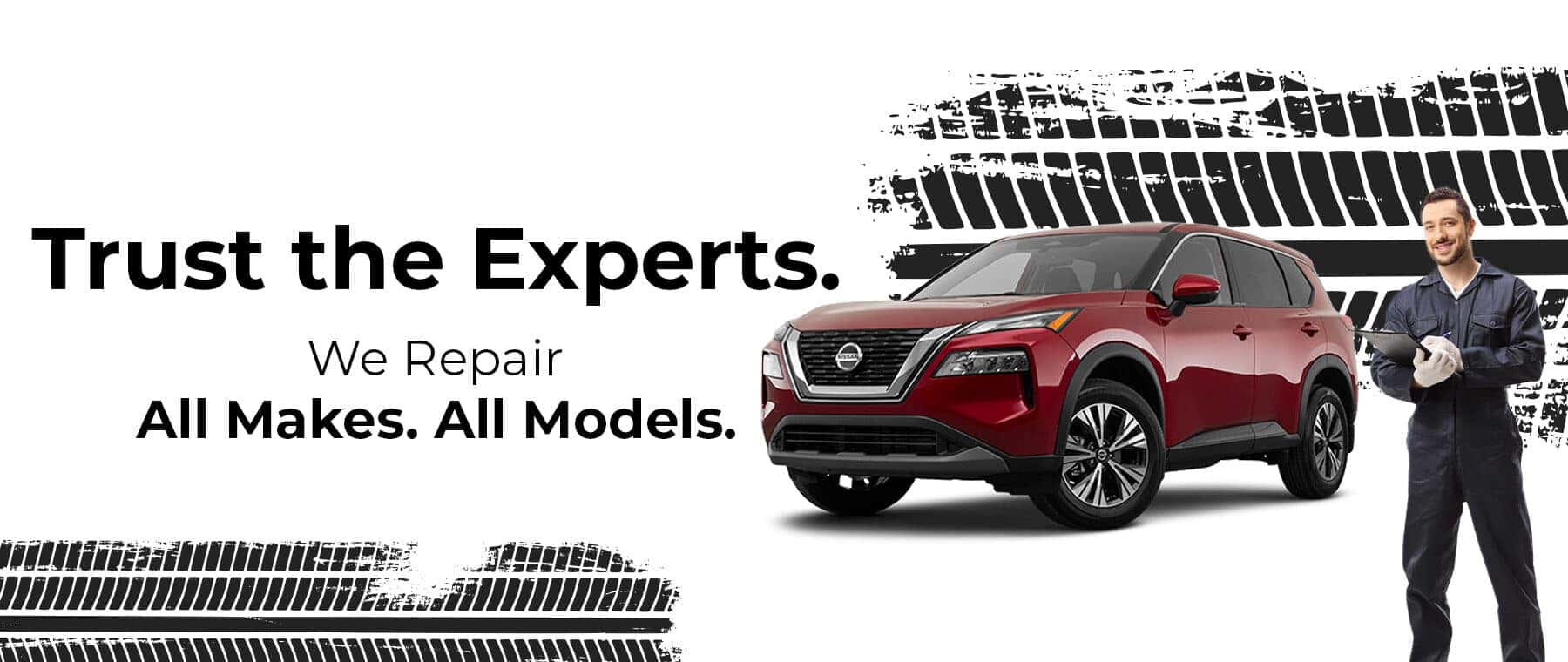 Red SUV with mechanic and tire tracks, promoting expert car repair for all makes and models.