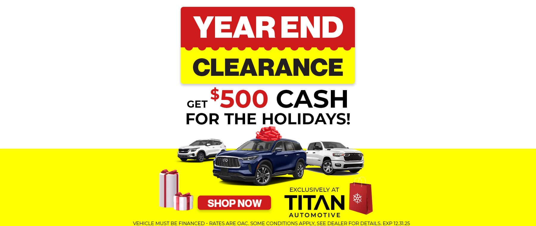 Year-end clearance ad offering $500 cash for the holidays at Titan Automotive. Features cars and gift boxes.