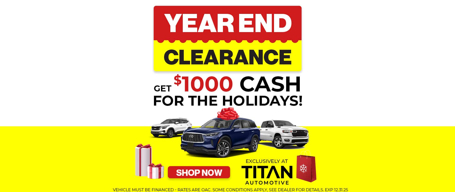 Year-end clearance sale at Titan Automotive; $1000 holiday cash offer, featuring cars and gift boxes.