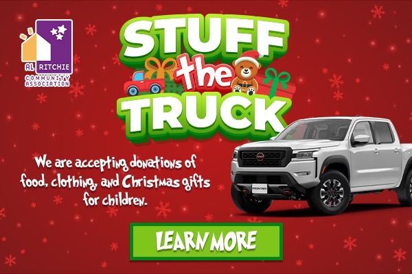 "Stuff the Truck" donation drive for food, clothing, and gifts. Features a truck and festive design.