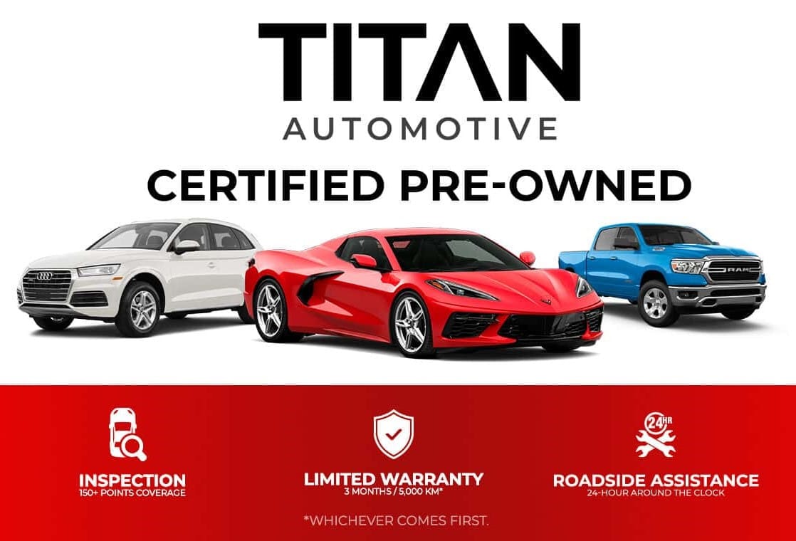 Titan Automotive Certified Pre-Owned with three cars, inspection, warranty, and roadside assistance details.