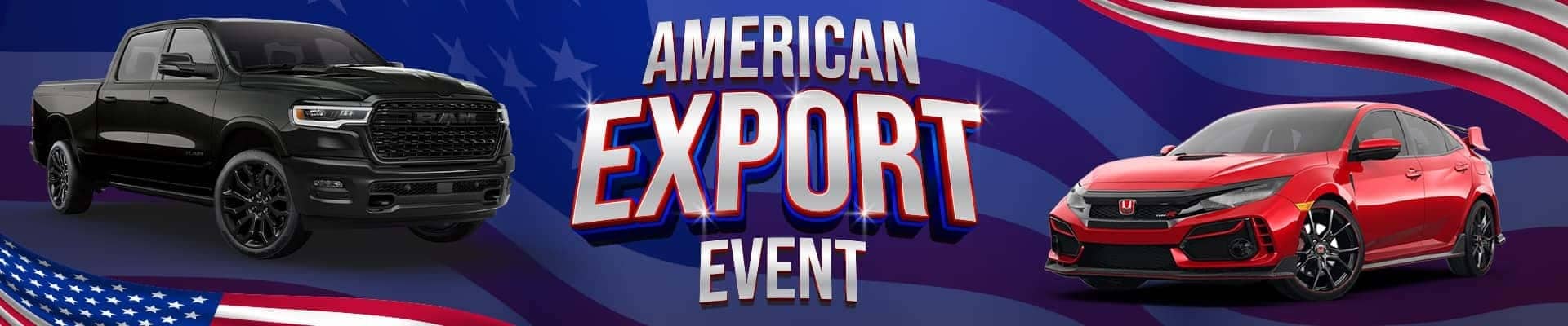 Black pickup truck and red car on American flag background for American Export Event promotion.
