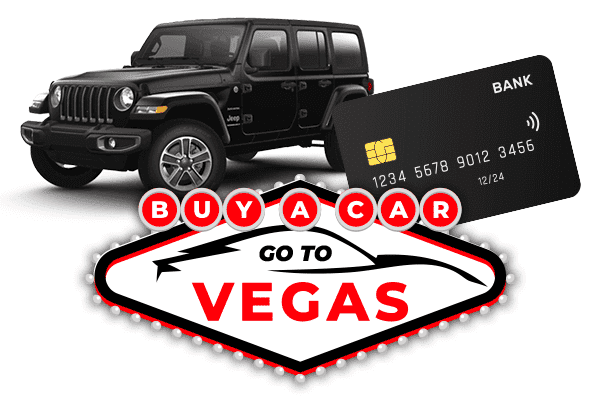 Black SUV and bank card with "Buy a Car, Go to Vegas" text in a marquee style.