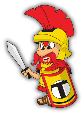 Cartoon Roman soldier with red plume helmet, yellow shield, and sword, ready for battle.