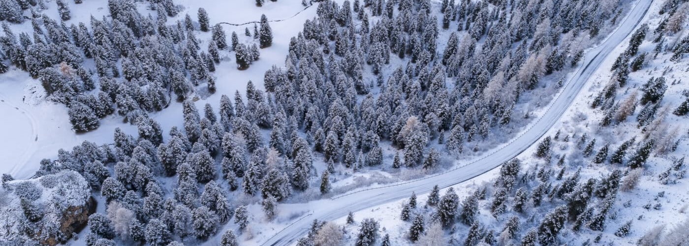 Aerial view of a snowy forest with a winding road, trees covered in white, creating a winter landscape.