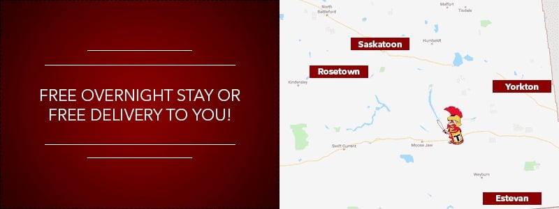 Map highlighting Saskatchewan locations with promo text: "Free overnight stay or free delivery to you!"