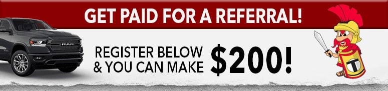 Get paid for referrals promotion featuring a black RAM truck and a cartoon Roman figure, offering $200 incentive.