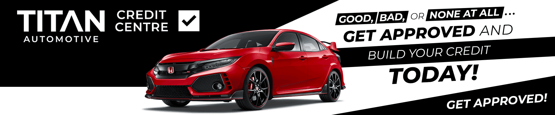 Red Honda car in Titan Automotive Credit Centre ad, encouraging easy credit approval.