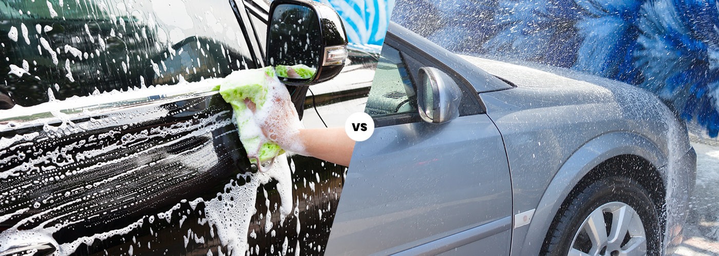 Handwashing vs automated car wash comparison, showcasing soapy hand wash and machine wash with brushes.