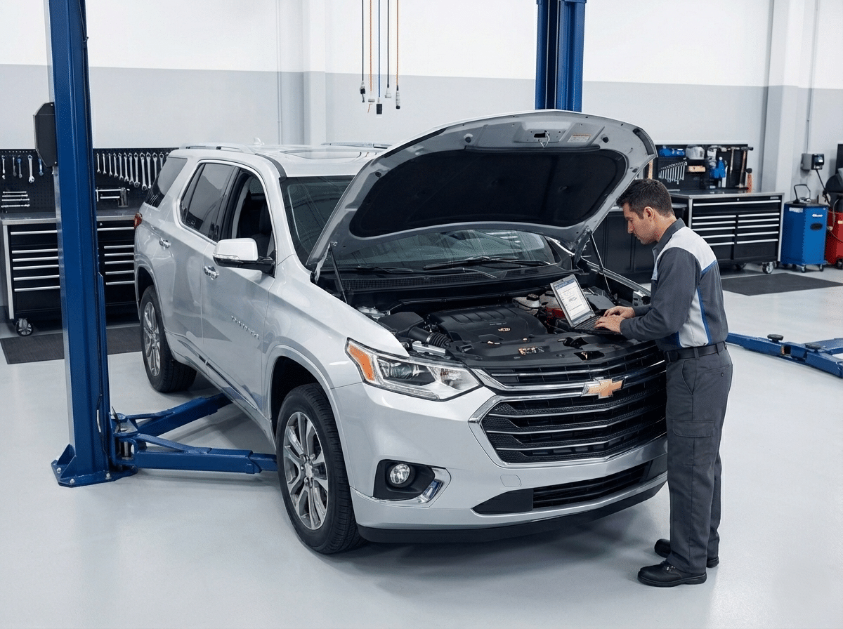Mechanic diagnosing a silver SUV in an auto repair shop, using a laptop, hood open.