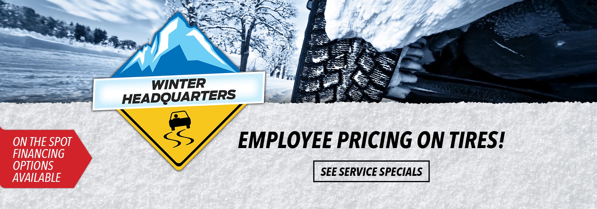 Winter tire promotion banner with snowy background, tire image, and "Winter Headquarters" text.