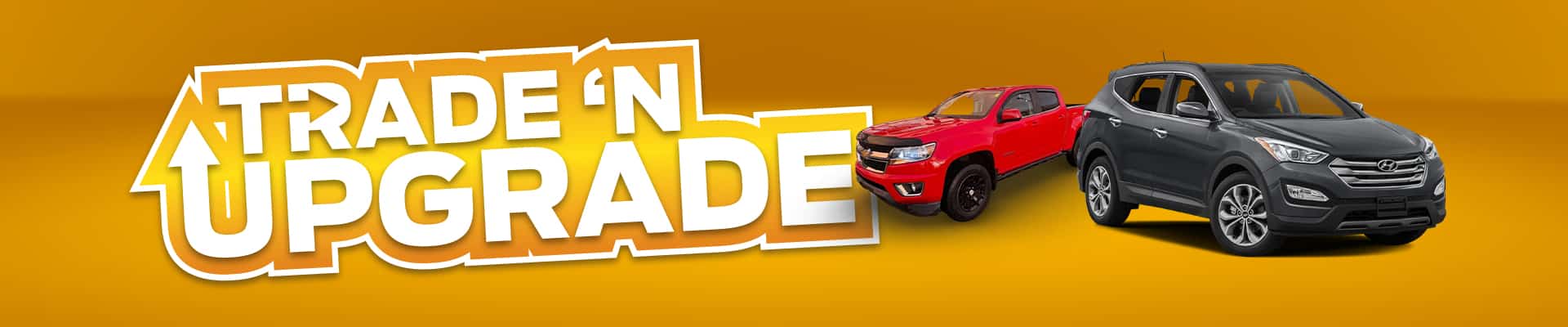"Trade-In Upgrade banner with red and gray SUVs on a bright orange background."