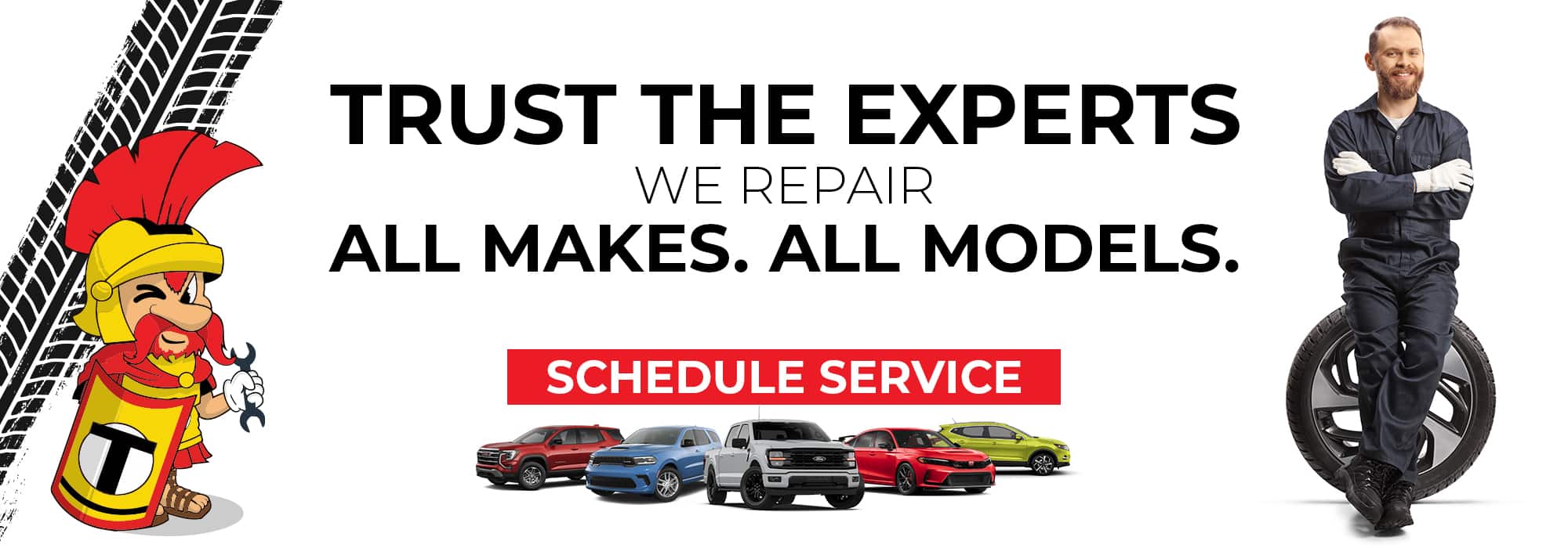 Red SUV with mechanic and tire tracks, promoting expert car repair for all makes and models.