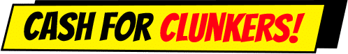 "Cash for Clunkers" text in bold black and red on a yellow background banner.