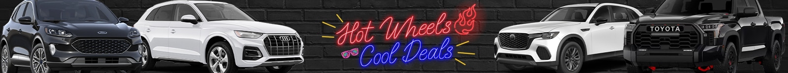 Four cars in a row on a black background with "Hot Wheels Cool Deals" in neon text.