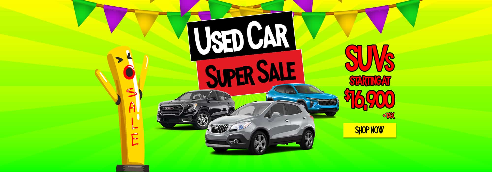 Used car super sale banner with SUVs starting under $20,000. Colorful background and inflatable tube man.