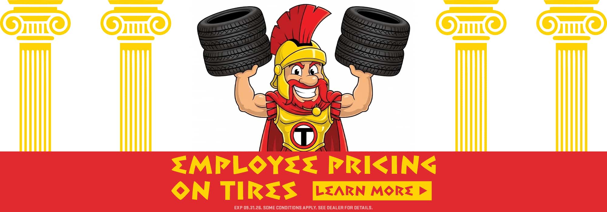 Cartoon warrior holding tires, offering employee pricing on tires, with "Learn More" button.
