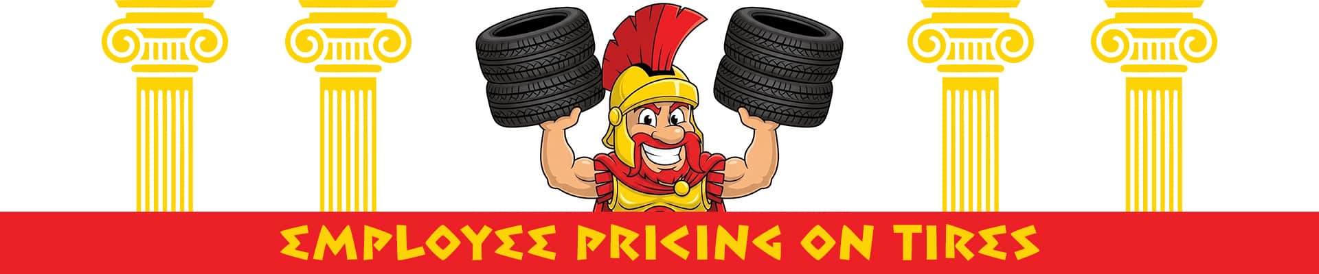 "Road Ready" banner with a cartoon warrior and a car tire, featuring employee pricing on tires.