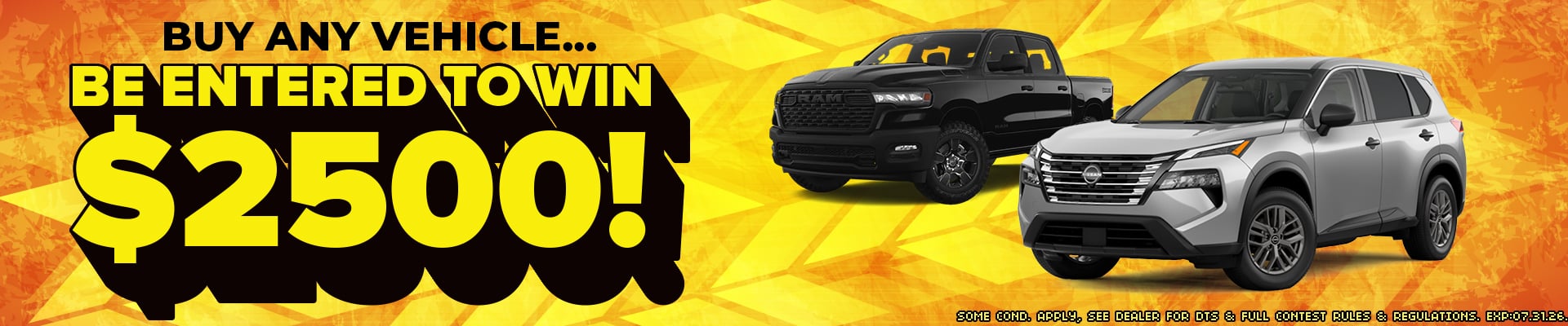 Car giveaway ad with a chance to win $2500 by purchasing any vehicle. Features two vehicles on an orange background.