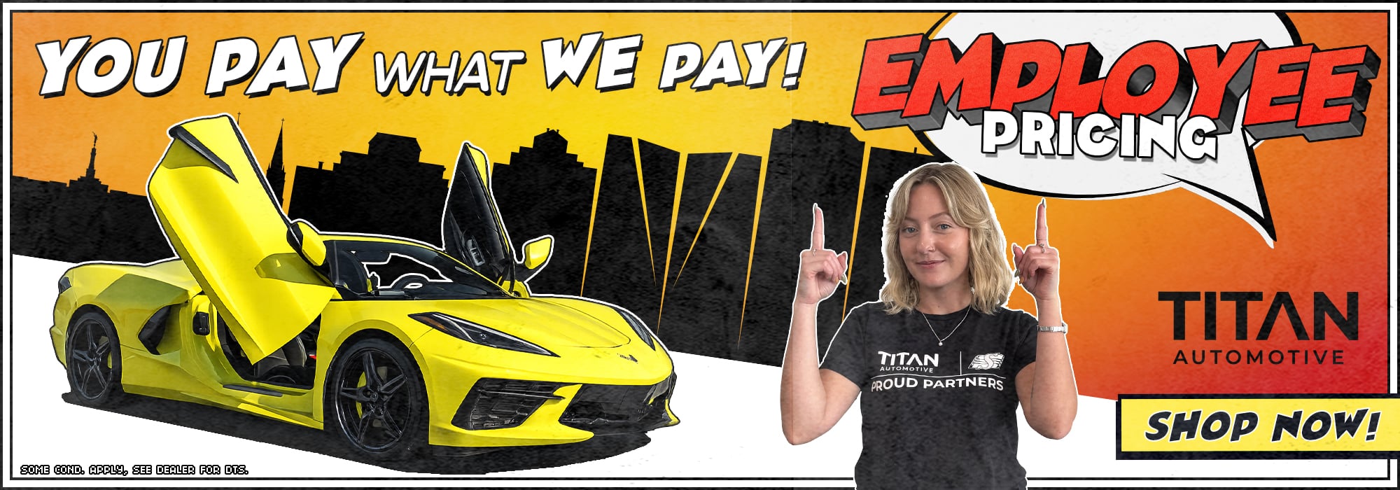 Yellow sports car with open doors, a person pointing upward, and "Employee Pricing" text. Titan Automotive logo and call to action.