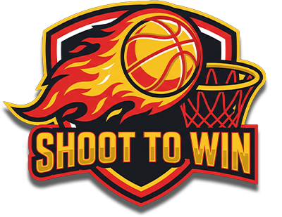Fiery basketball logo with text "Shoot to Win" over a hoop and shield background.